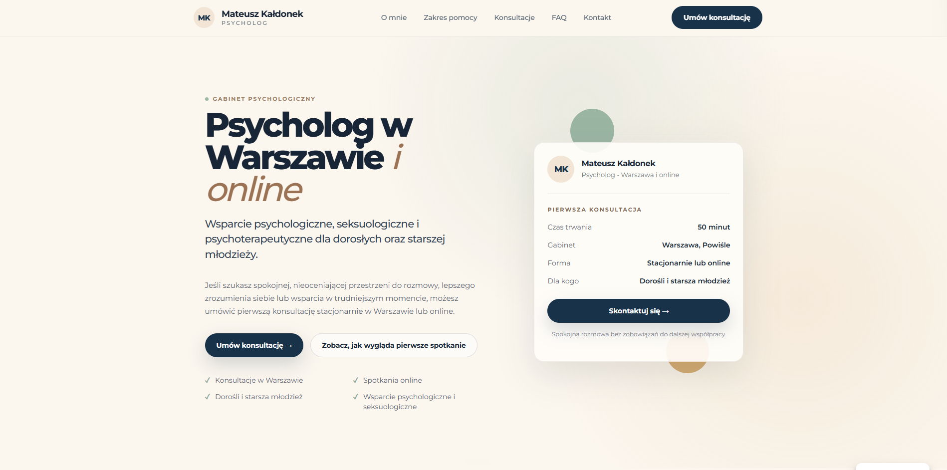 Hero strony internetowej psychoterapeuty Mateusza Kałdonka